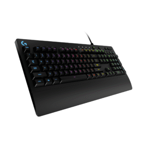 Clavier gamer Logitech G213 Prodigy avec éclairage RGB LIGHTSYNC, touches performantes résistantes aux éclaboussures et repose-poignets intégré référence 920-008088.
