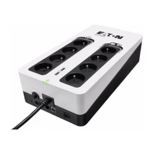 Onduleur Eaton 3S 850 noir et blanc avec 8 prises françaises FR, port USB de charge et protection parafoudre pour équipements domestiques