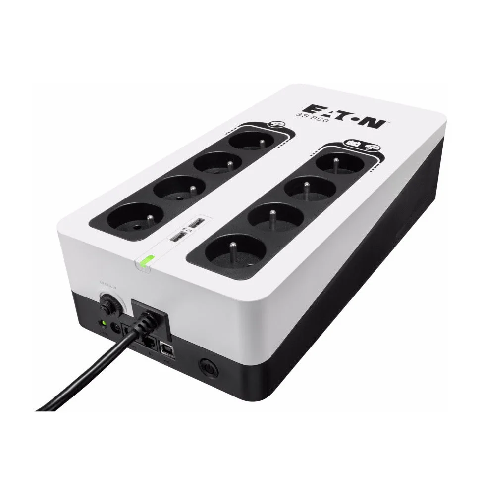 Onduleur Eaton 3S 850 noir et blanc avec 8 prises françaises FR, port USB de charge et protection parafoudre pour équipements domestiques