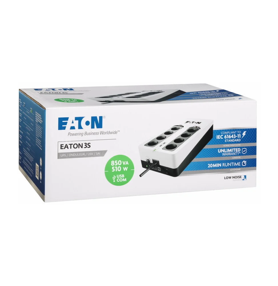 Onduleur Eaton 3S 850 noir et blanc avec 8 prises françaises FR, port USB de charge et protection parafoudre pour équipements domestiques