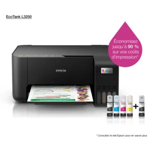 Imprimante Epson EcoTank Maroc série C11CJ67408 multifonction 3-en-1 noire avec réservoirs d'encre rechargeables et connectivité Wi-Fi.