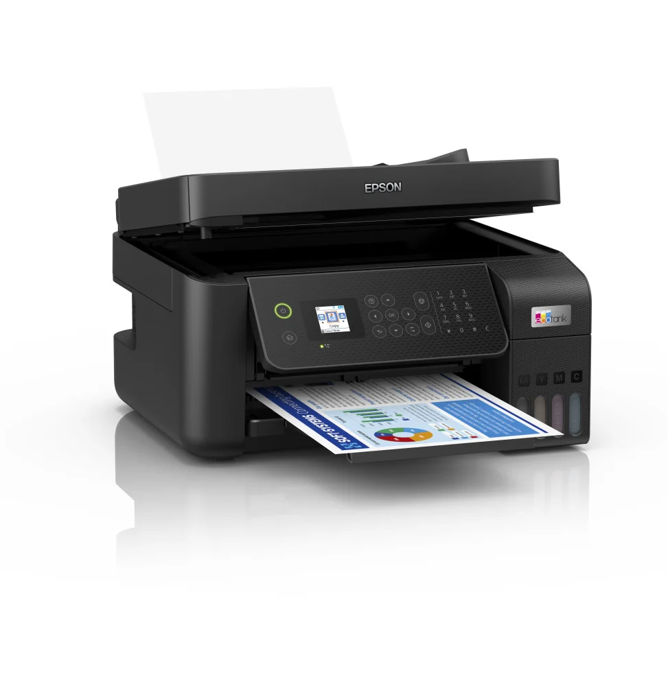 Imprimante Epson EcoTank Maroc série C11CJ65405 multifonction 4-en-1 avec Wi-Fi, Ethernet, chargeur automatique de documents et réservoirs rechargeables.