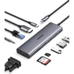 Station USB-C Ugreen 10-en-1 grise avec ports HDMI 4K, VGA, Ethernet Gigabit, lecteurs de cartes SD/TF, ports USB et prise audio 3.5mm référence 15601.