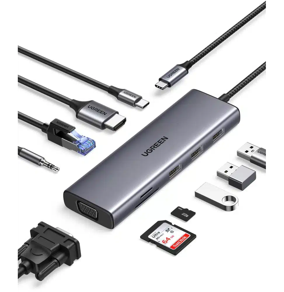Station USB-C Ugreen 10-en-1 grise avec ports HDMI 4K, VGA, Ethernet Gigabit, lecteurs de cartes SD/TF, ports USB et prise audio 3.5mm référence 15601.