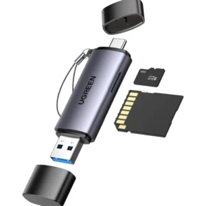 Lecteur carte Ugreen SD et Micro SD avec double connectique USB-C et USB 3.0 en aluminium gris référence 50706 pour transferts rapides.