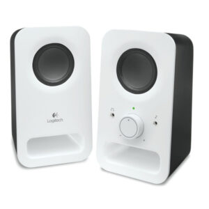 Haut-parleurs multimédias Logitech Z150 coloris Snow White blanc pur avec double entrée audio, prise casque et commandes intégrées référence 980-000815.