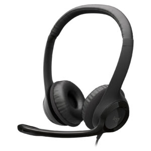 Casque professionnel H390 de Logitech avec commandes audio intégrées, microphone anti-parasite et coussinets en similicuir pour un confort durable référence 981-000406.