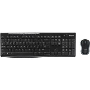 Pack sans fil MK270 de Logitech comprenant un clavier pleine taille avec touches multimédias, une souris optique compacte et un récepteur USB nano référence 920-004510.