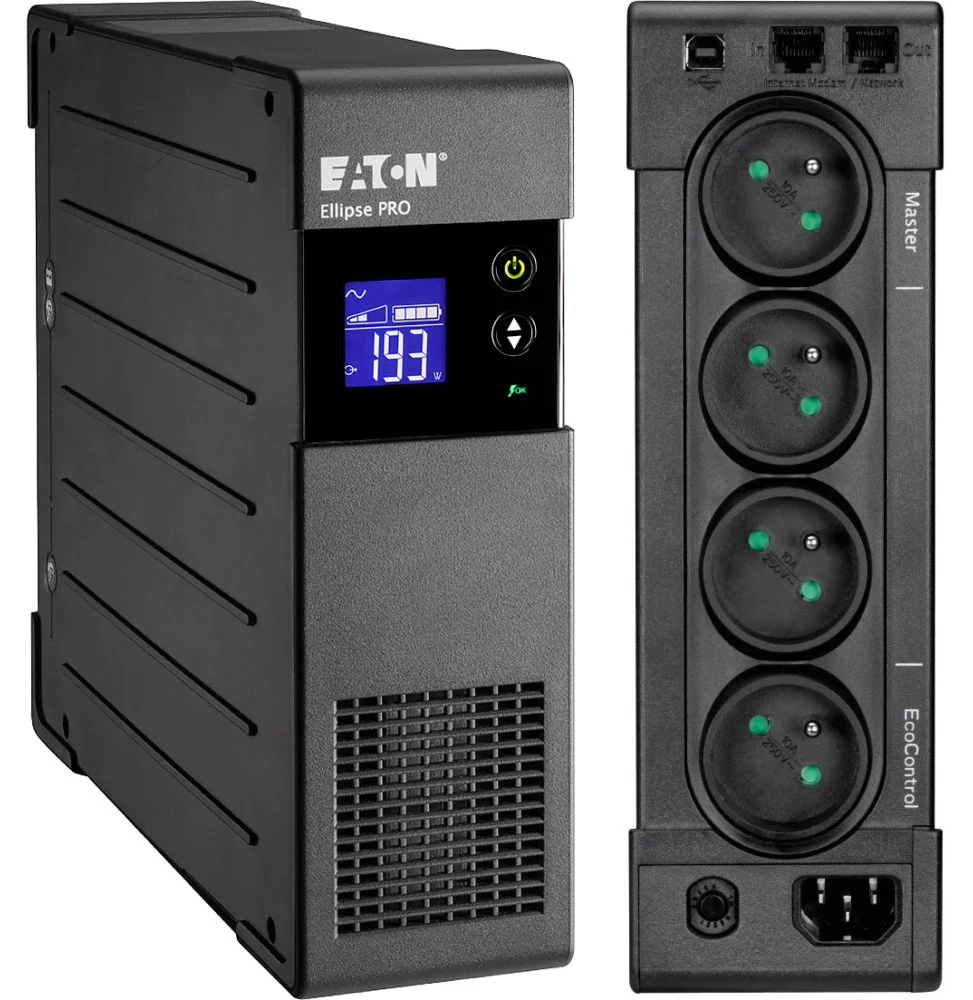 Onduleur Eaton Ellipse PRO 850 FR noir avec écran LCD de contrôle, 4 prises françaises et technologie de régulation automatique de tension AVR