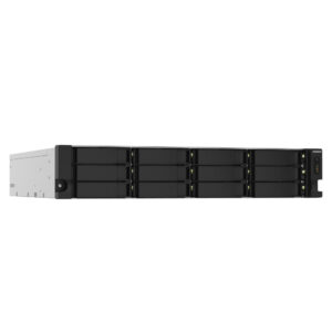 Serveur NAS QNAP TS-1232PXU-RP-4G en rack 2U avec 12 baies, double alimentation redondante, ports 10GbE SFP+ et indicateurs LED frontaux