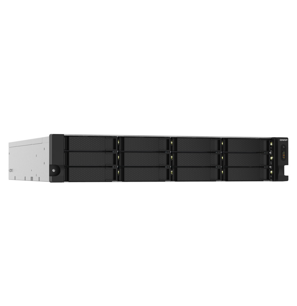 Serveur NAS QNAP TS-1232PXU-RP-4G en rack 2U avec 12 baies, double alimentation redondante, ports 10GbE SFP+ et indicateurs LED frontaux