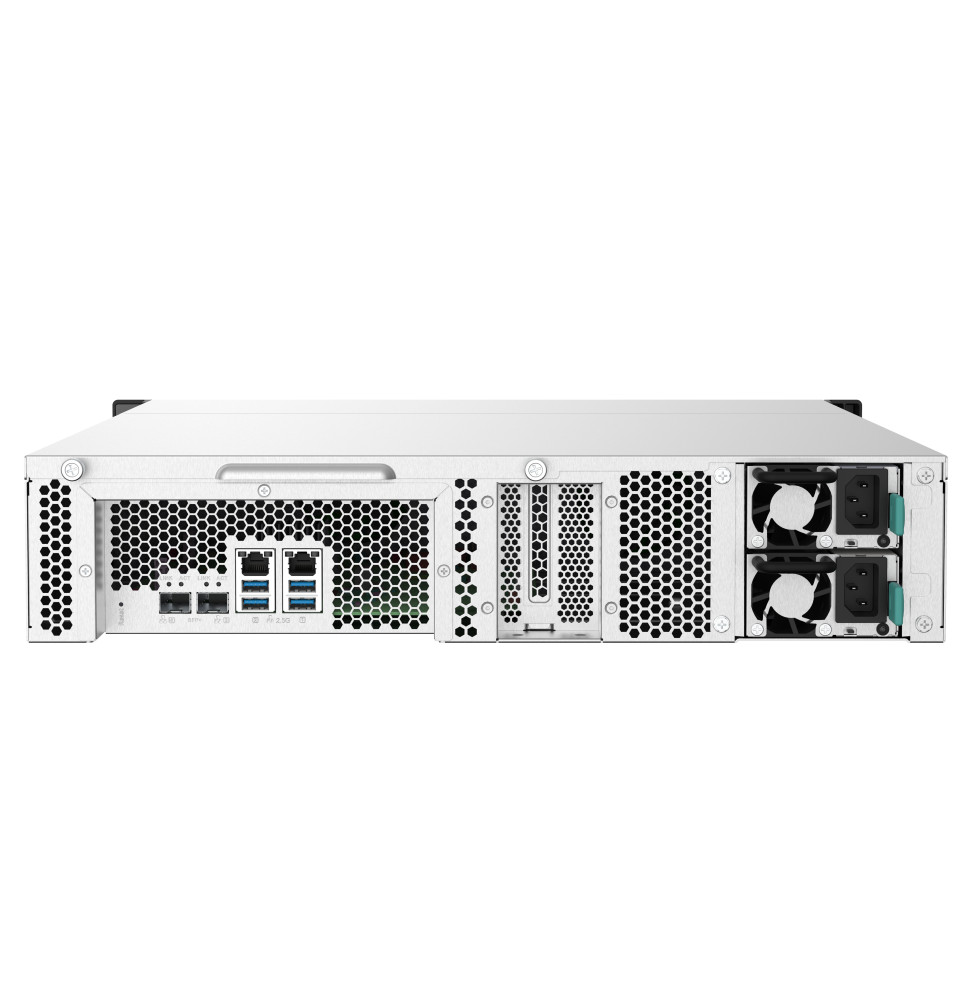 Serveur NAS QNAP TS-1232PXU-RP-4G en rack 2U avec 12 baies, double alimentation redondante, ports 10GbE SFP+ et indicateurs LED frontaux