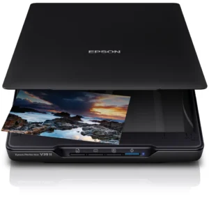 Scanner à plat compact Epson Perfection V39 II haute résolution avec alimentation USB et socle intégré pour numérisation verticale