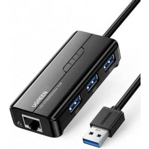 HUB Ethernet Ugreen USB 3.0 blanc avec 3 ports USB 2.0 et port RJ45 Fast Ethernet référence 20265 pour connexion réseau filaire.