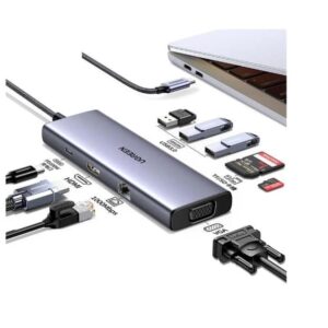 Station USB-C Ugreen 9-en-1 grise avec deux ports HDMI, port VGA, Ethernet RJ45, lecteurs de cartes et charge PD référence 15600.