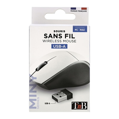 Souris Sans Fil Maroc série MM240W de marque T'nB modèle MINY blanche ultra-compacte avec capteur optique 1000 DPI et récepteur nano USB.