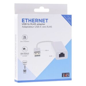 Adaptateur USB Ethernet Maroc série ADAUSBRJ45 de marque T'nB blanc pour connexion réseau filaire RJ45 sur port USB 2.0.