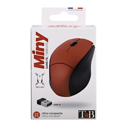 Souris Sans Fil Maroc série MM240RD de marque T'nB modèle MINY rouge éclatant, format ultra-compact avec capteur optique 1000 DPI et récepteur nano USB.