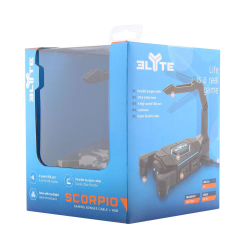 Hub Gaming Maroc série HUBGAME1 Elyte Scorpio de marque T'nB avec 4 ports USB et support de câble (Bungee) pour souris gamer.