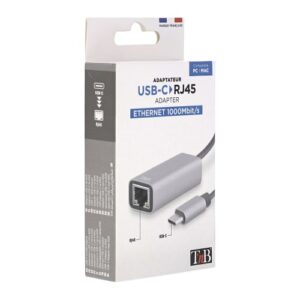 Adaptateur Ethernet T'nB Maroc série TCRJ45C hybride USB-C et USB-A vers RJ45 Gigabit pour connexion internet filaire stable et rapide.