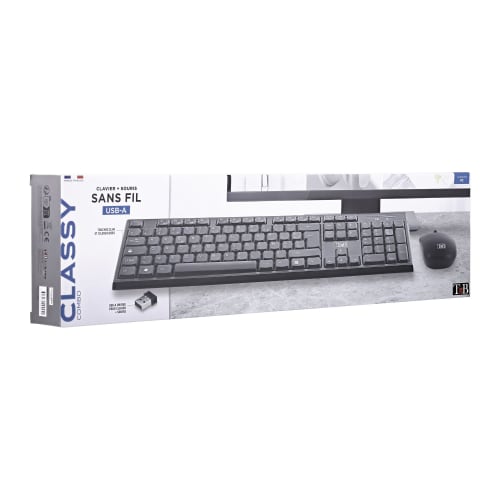 Combo Clavier Souris Maroc série KBSCBK2 de marque T'nB modèle CLASSY noir sans fil avec récepteur USB unique et design ergonomique ultra-plat.