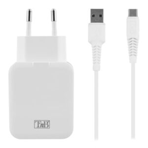 Chargeur USB-C Maroc série CHTCUSB24 de marque T'nB avec prise secteur 1 port USB-A, câble Type-C inclus et puissance de 12W pour smartphones et tablettes.