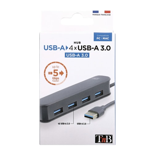 Hub USB 3.0 Maroc série HUB4USB3V2 de marque T'nB avec 4 ports USB-A haute vitesse pour connexion simultanée de périphériques et transferts rapides.