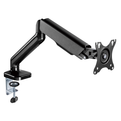 Support Écran Maroc série MHFLEX de marque T'nB, bras articulé à ressort avec fixation par pince ou œillet, compatible VESA et gestion de câbles pour moniteur.