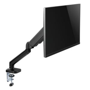 Support Écran Maroc série MHFLEX de marque T'nB, bras articulé à ressort avec fixation par pince ou œillet, compatible VESA et gestion de câbles pour moniteur.