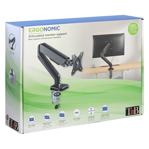 Support Écran Maroc série MHFLEX de marque T'nB, bras articulé à ressort avec fixation par pince ou œillet, compatible VESA et gestion de câbles pour moniteur.