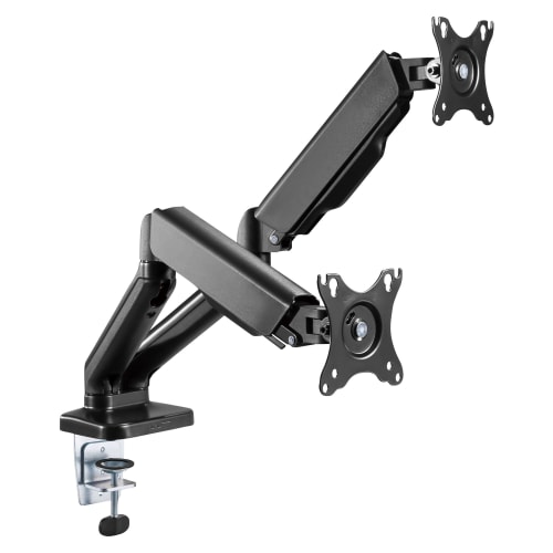 Support Écran Maroc série MHFLEXDUAL de marque T'nB, double bras articulé indépendant avec fixation par pince ou bureau, compatible VESA et gestion de câbles pour deux moniteurs.