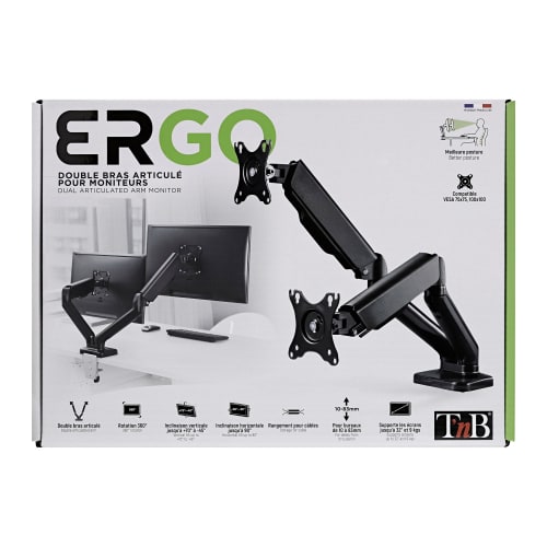 Support Écran Maroc série MHFLEXDUAL de marque T'nB, double bras articulé indépendant avec fixation par pince ou bureau, compatible VESA et gestion de câbles pour deux moniteurs.