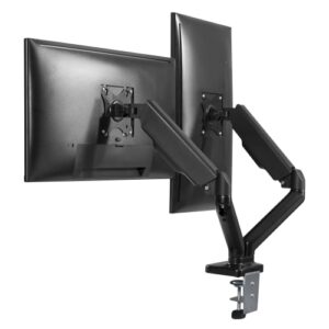 Support Écran Maroc série MHFLEXDUAL de marque T'nB, double bras articulé indépendant avec fixation par pince ou bureau, compatible VESA et gestion de câbles pour deux moniteurs.