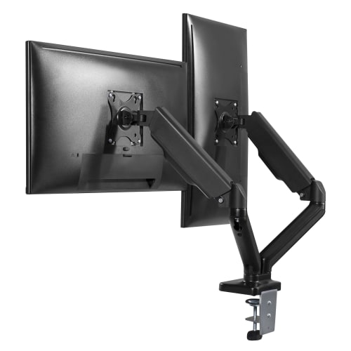 Support Écran Maroc série MHFLEXDUAL de marque T'nB, double bras articulé indépendant avec fixation par pince ou bureau, compatible VESA et gestion de câbles pour deux moniteurs.