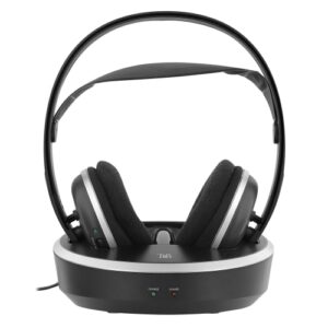 Casque TV sans fil Maroc série CSHOMESF2 de marque T'nB avec base de recharge, technologie UHF et portée de 30 mètres pour une écoute sans latence.