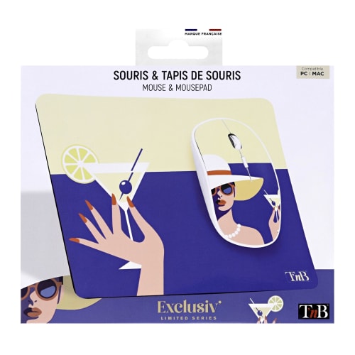 Souris Sans Fil Maroc et tapis assorti série BUMWXCOCKTAIL de marque T'nB modèle COCKTAIL EXCLUSIV avec motifs tropicaux, capteur optique et récepteur USB.