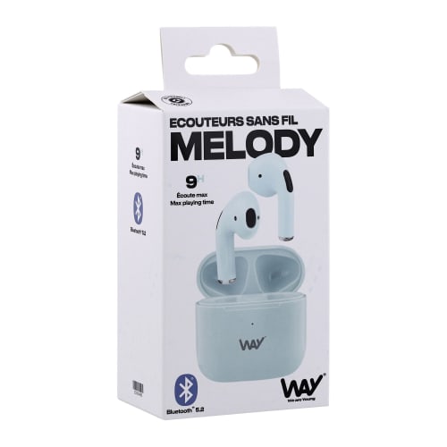 Écouteurs Bluetooth Bleu Maroc série WEBMELO2BL de marque T'nB modèle MELODY 2 avec boîtier de charge compact et technologie sans fil True Wireless.