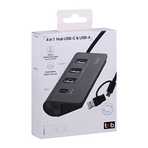 Hub USB T'nB Maroc série HUBUSB4ALUC en aluminium 4-en-1 avec connecteur hybride USB-A et USB-C vers 3 ports USB-A et 1 port USB-C.