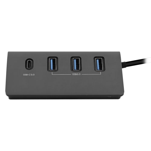 Hub USB T'nB Maroc série HUBUSB4ALUC en aluminium 4-en-1 avec connecteur hybride USB-A et USB-C vers 3 ports USB-A et 1 port USB-C.