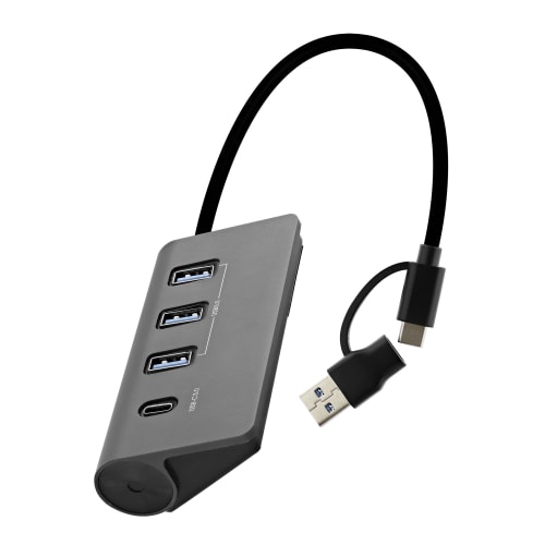 Hub USB T'nB Maroc série HUBUSB4ALUC en aluminium 4-en-1 avec connecteur hybride USB-A et USB-C vers 3 ports USB-A et 1 port USB-C.