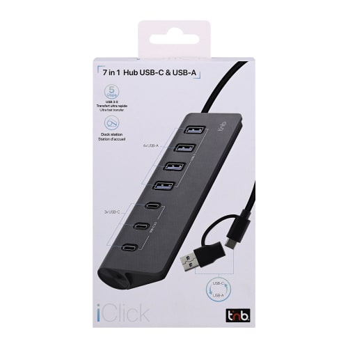 Hub USB 7 Ports Maroc série HUBUSB7ALUC de marque T'nB en aluminium avec 7 sorties USB-A haute vitesse et design compact.