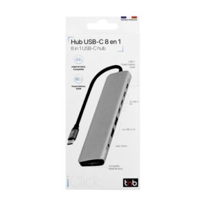 Station d'accueil USB-C Maroc série HUBALU8C de marque T'nB en aluminium avec 8 ports incluant HDMI 4K, ports USB 3.0, lecteurs de cartes et port RJ45.