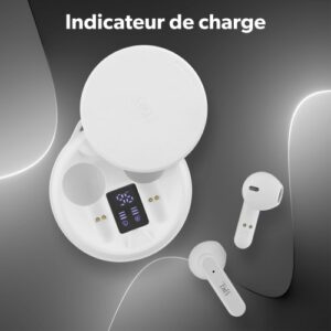 Écouteurs TWS 2 Maroc série EBSHINYWH2 de marque T'nB modèle SHINY 2 blanc avec Bluetooth 5.1 et boîtier de charge ultra-compact.