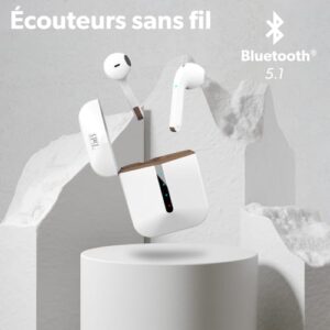 Écouteurs Sans Fil Blanc Maroc série EBZIPPWH de marque T'nB modèle ZIP avec boîtier de charge ultra-compact et technologie Bluetooth True Wireless.