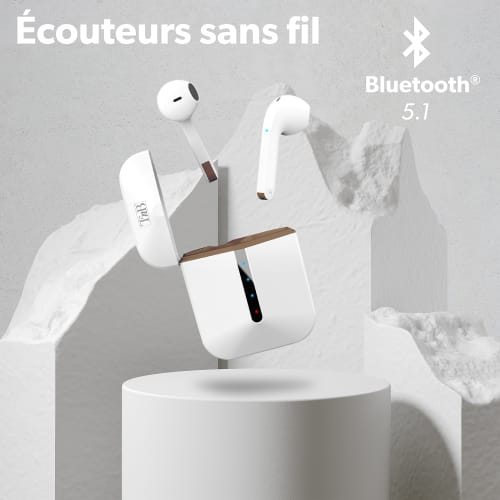 Écouteurs Sans Fil Blanc Maroc série EBZIPPWH de marque T'nB modèle ZIP avec boîtier de charge ultra-compact et technologie Bluetooth True Wireless.