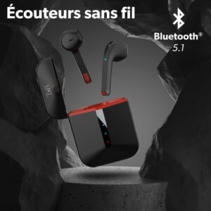Écouteurs Sans Fil Maroc série EBZIPPBK de marque T'nB modèle ZIP noir avec boîtier de charge compact et technologie Bluetooth True Wireless.