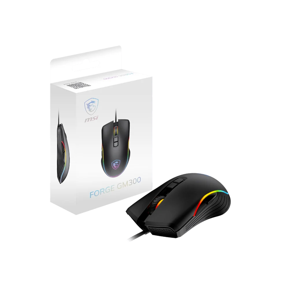 Gaming MSI Maroc avec la souris optique MSI FORGE GM300 (SKU: S12-0402300-HH9), design ergonomique et éclairage RGB pour une précision de jeu optimale.