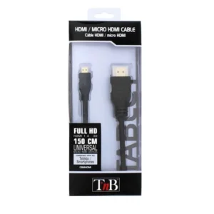 Câble Micro HDMI Maroc série CBMHDMI de marque T'nB de 1,5m pour connecter tablettes, smartphones et caméras sur téléviseurs ou moniteurs.