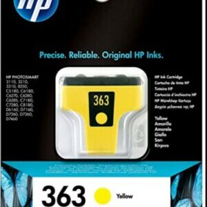 Cartouche d'encre HP 363 Jaune (C8773EE) originale pour imprimantes HP Photosmart au Maroc. Le consommable couleur le moins cher chez Devink.