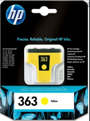 Cartouche d'encre HP 363 Jaune (C8773EE) originale pour imprimantes HP Photosmart au Maroc. Le consommable couleur le moins cher chez Devink.